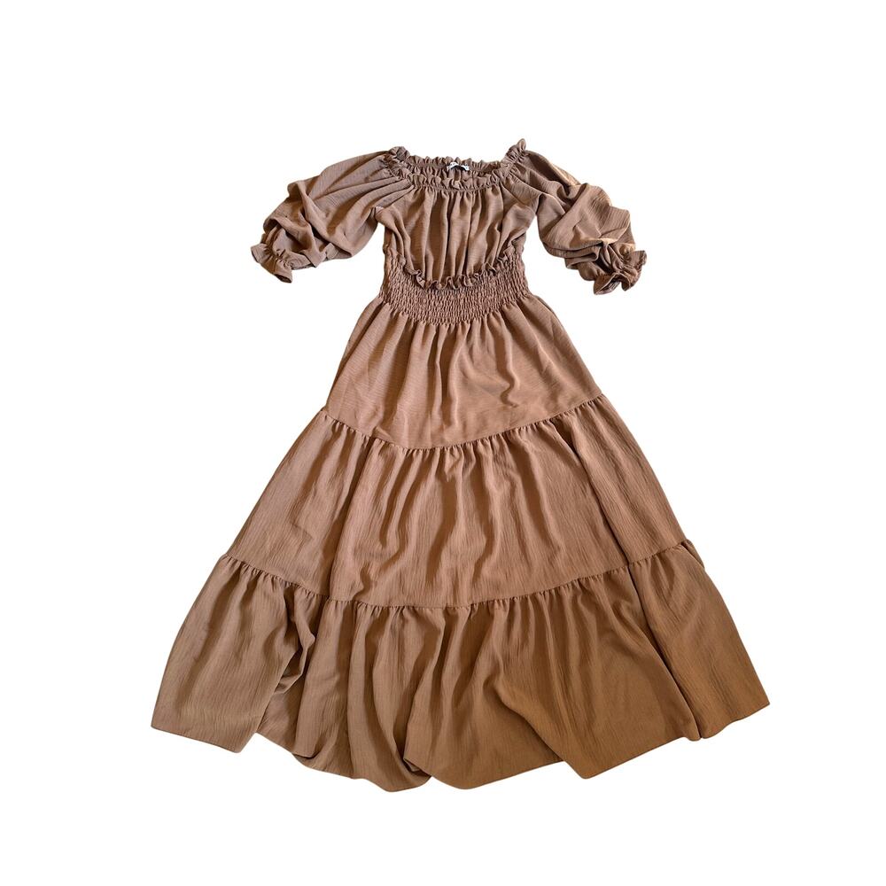 MADISON Tan Prairie Tiered Dress, Made in Italy, US Medium, Boho Style